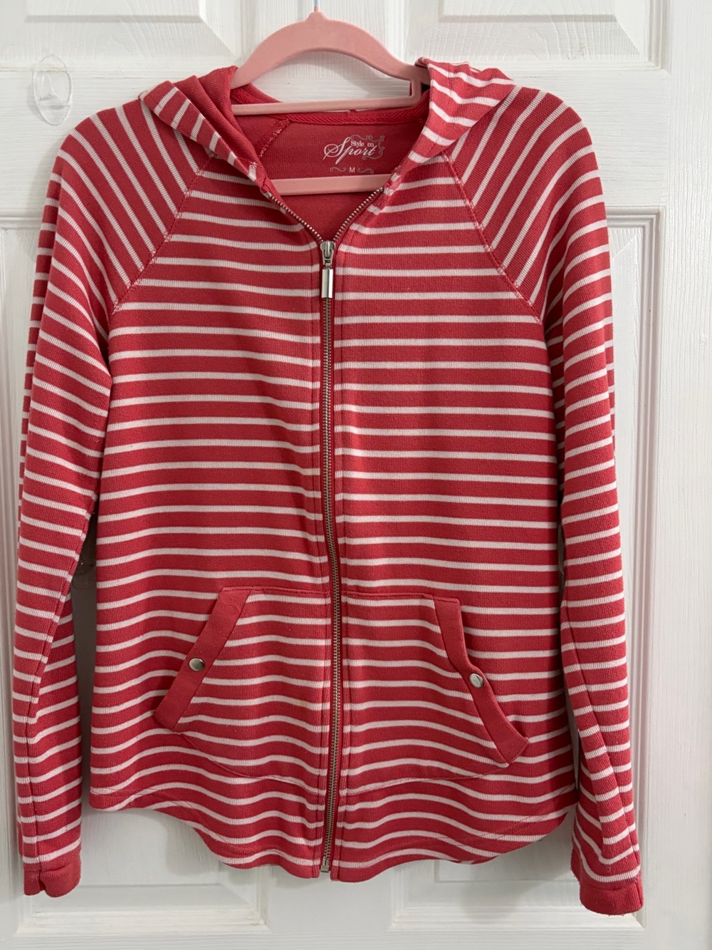Striped Coral and White Zip-Up Hoodie. Size medium. $10
